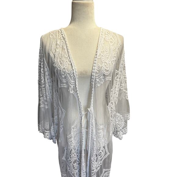 White Sheer Lace Kimono Duster Cardigan Size Small - Picture 5 of 7